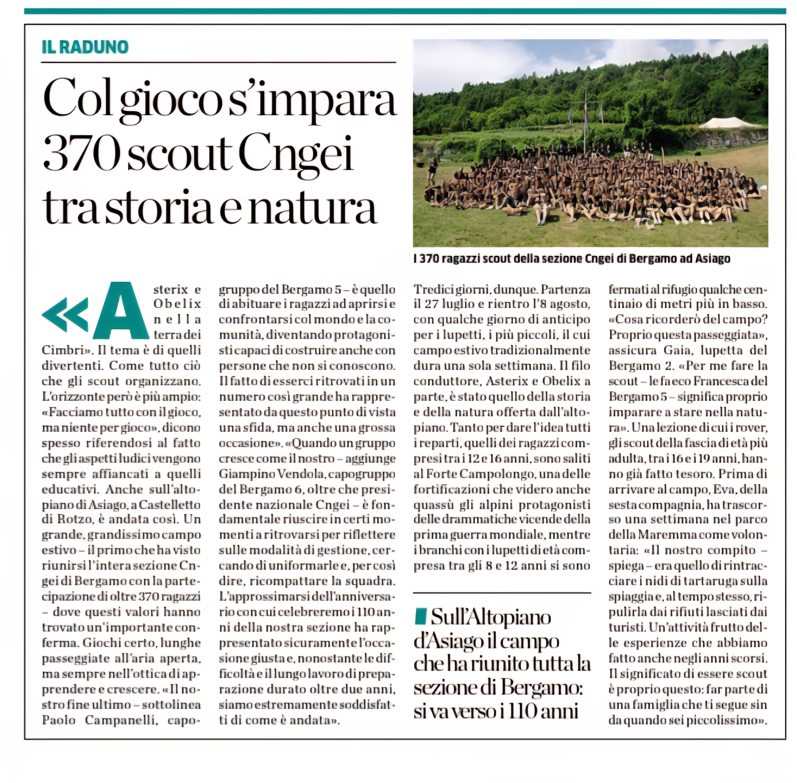 Articolo di giornale su scoutismo e natura a Rotzo